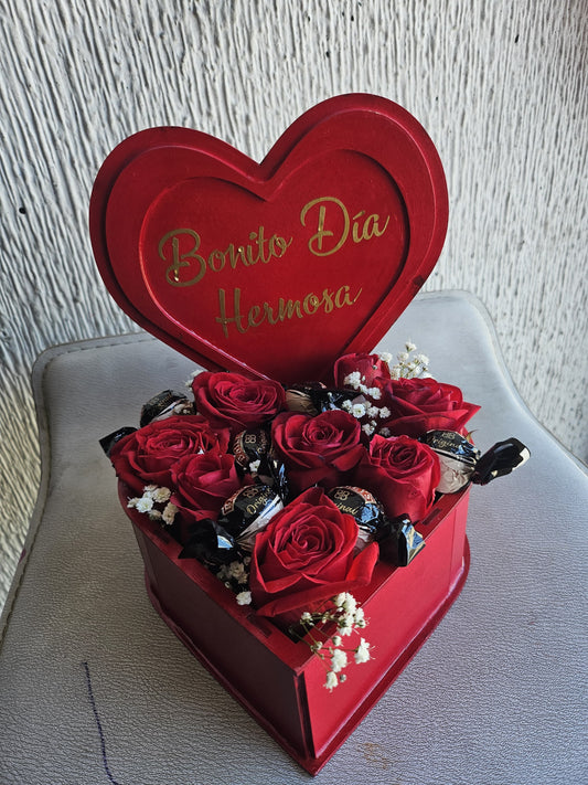 Caja con rosas y chocolates