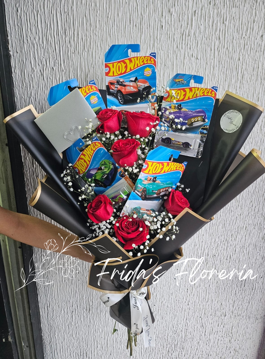 6 rosas con 5 Hot Wheels