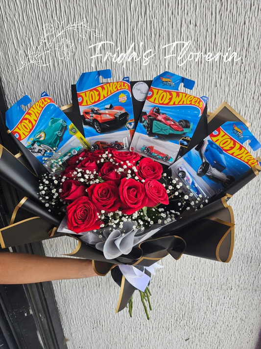 12 rosas y 4 Hot Wheels
