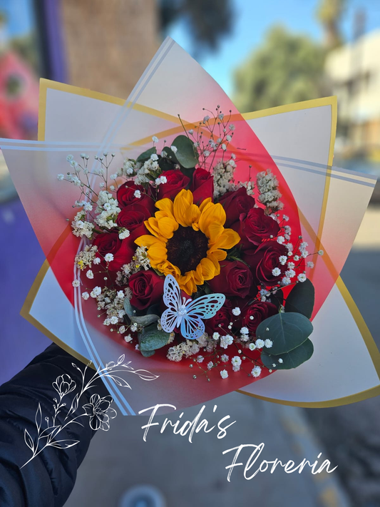 Ramo de 17 rosas y un girasol